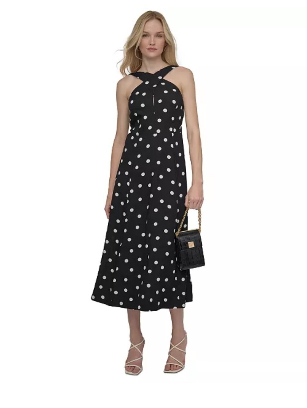 DKNY Black and White Polka Dot Cross-Halter Midi Dress